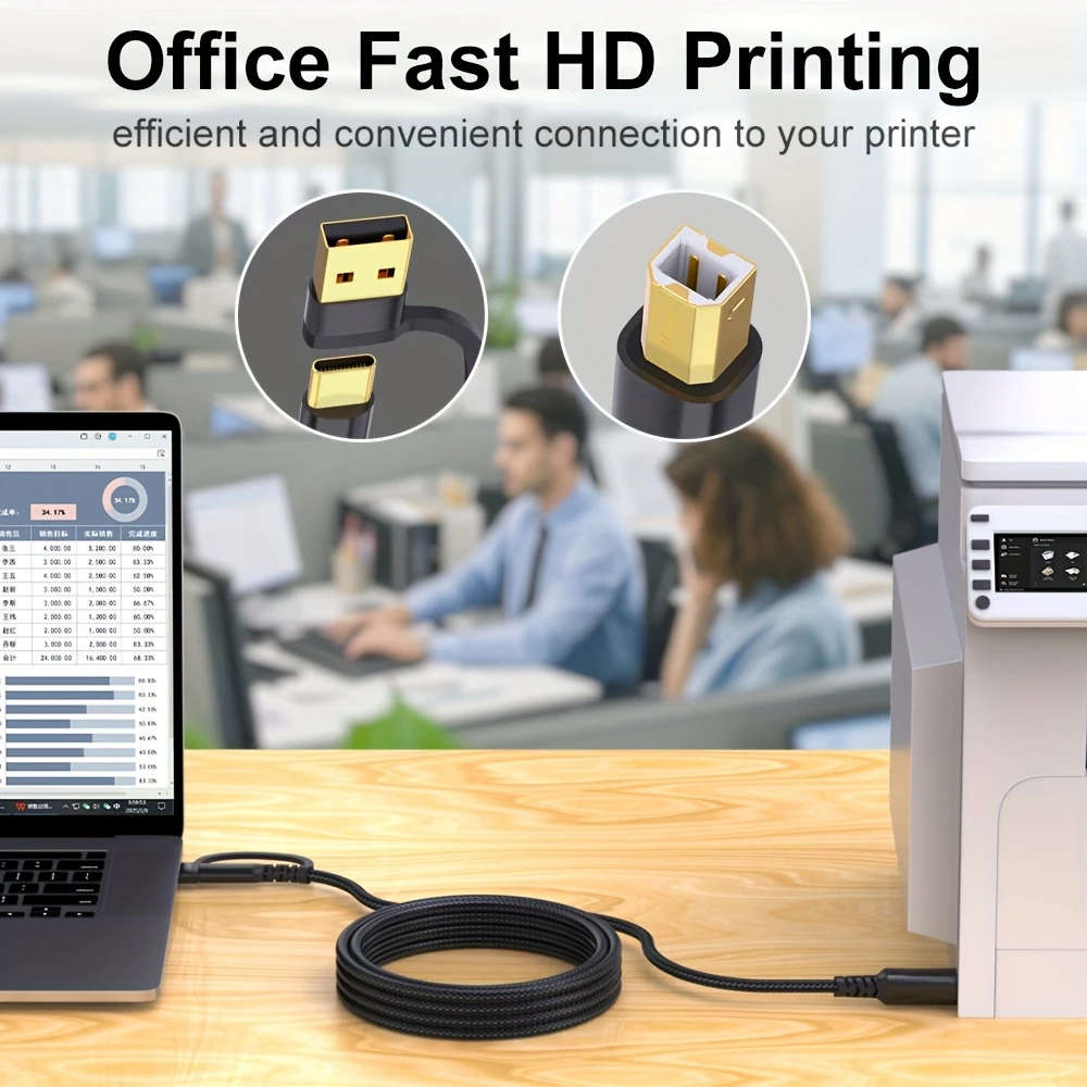 Printer Cable 2 in 1 USB A C To USB B Cable USB C MIDI Cable 100cm