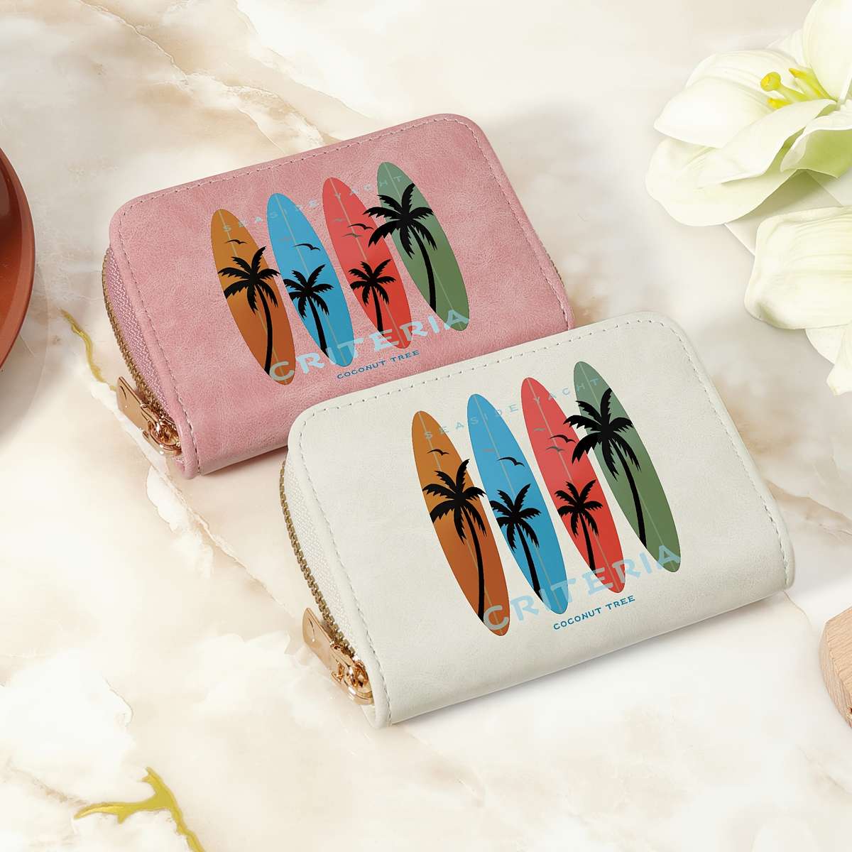 Tropical Print Women'S Compact Wallet Stylish Zippered Clutch
