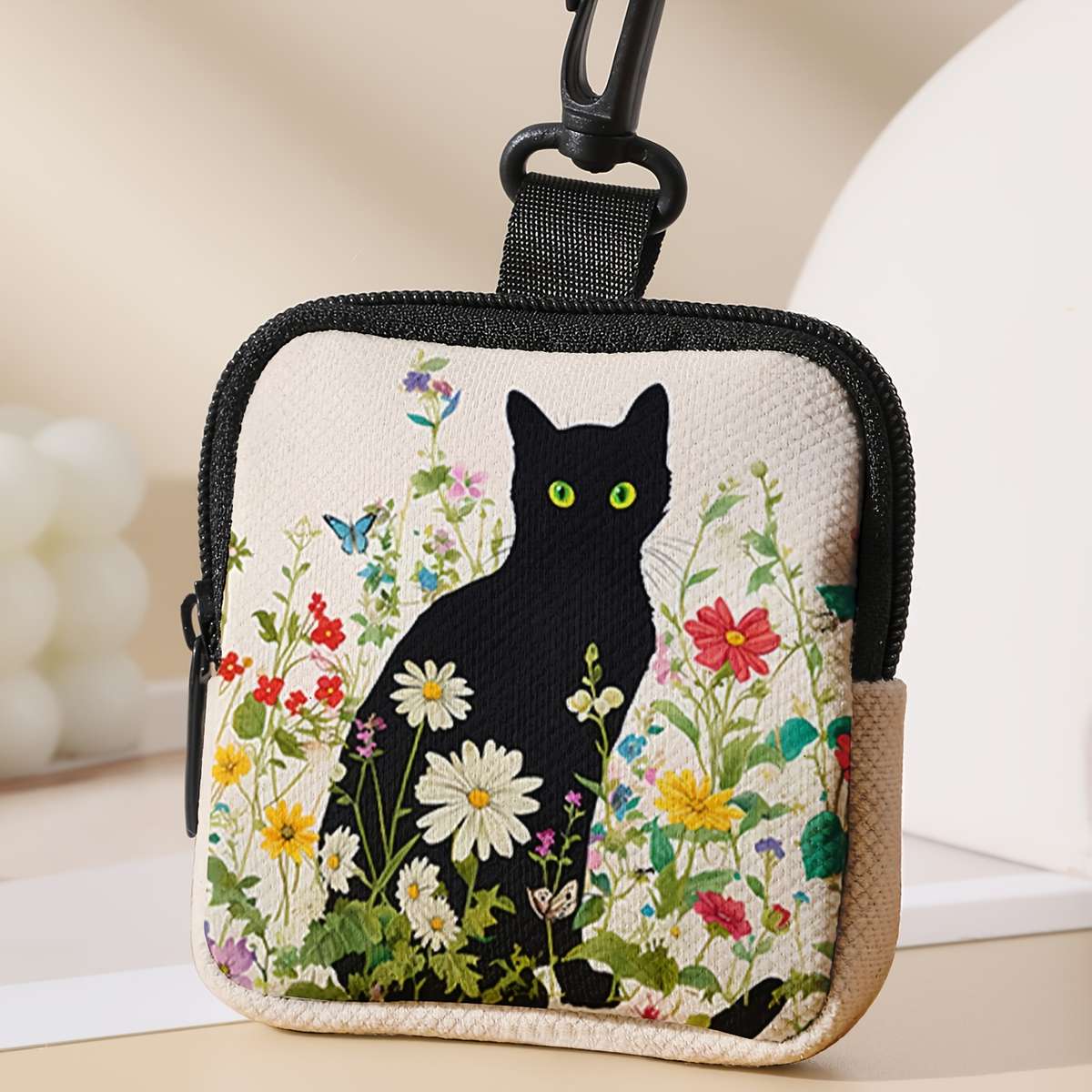 Chic Black Cat Floral Print Coin Purse Spacious Polyester Wallet