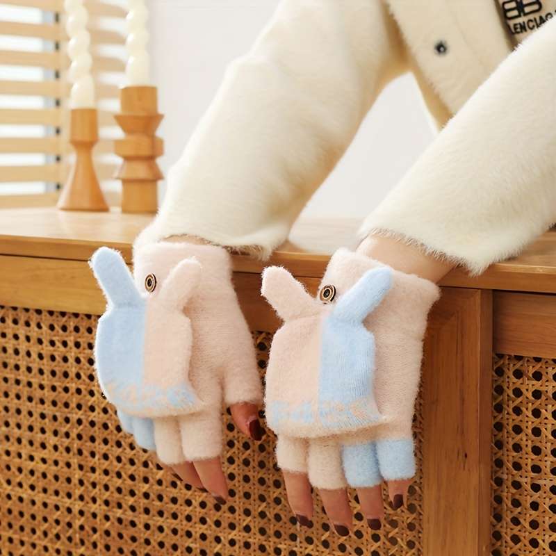 1 Pair Flip Letter Rabbit Ears Beige Warm Gloves