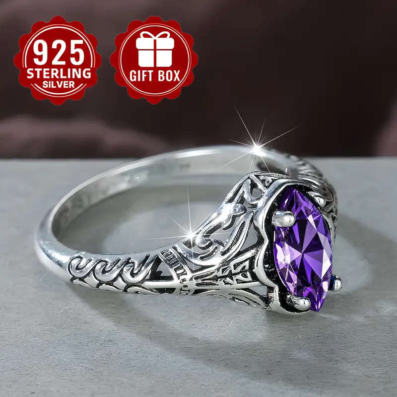 S925 Silver Vintage Elegant Marquise Cut Purple Synthetic Synthetic Zirconia Ring