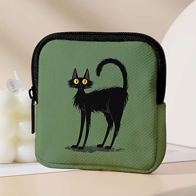 Green Bottom Cat Print Coin Purse With Zipper And Buckle Multi-Purpose Storage Bag