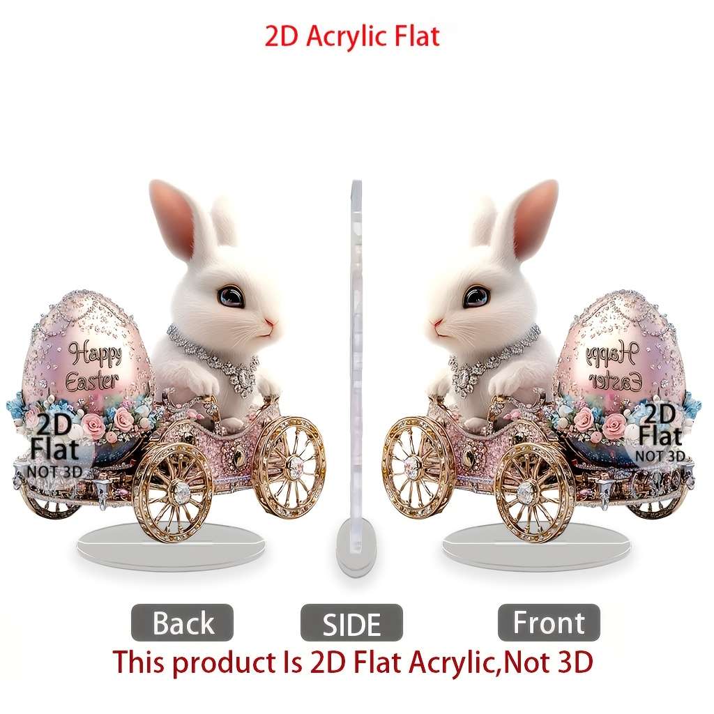 1pc 2D Flat   Easter Bunny Acrylic Ornament  Rabbit Riding Decorative Egg with Floral D