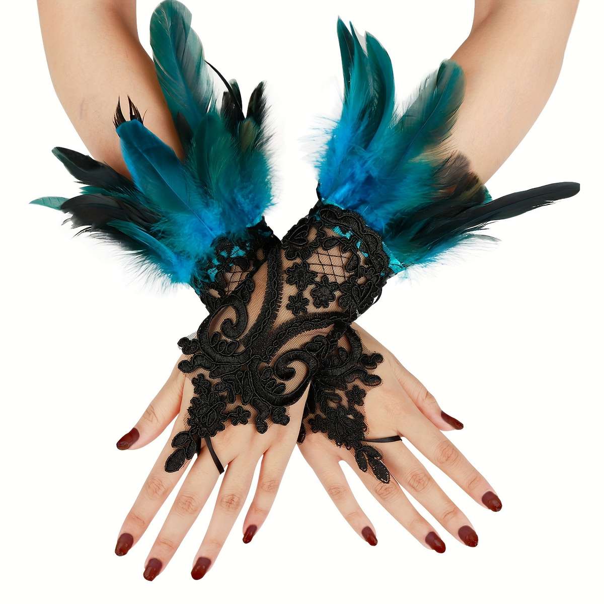 1 Pair Green Lace Faux Feather Gloves