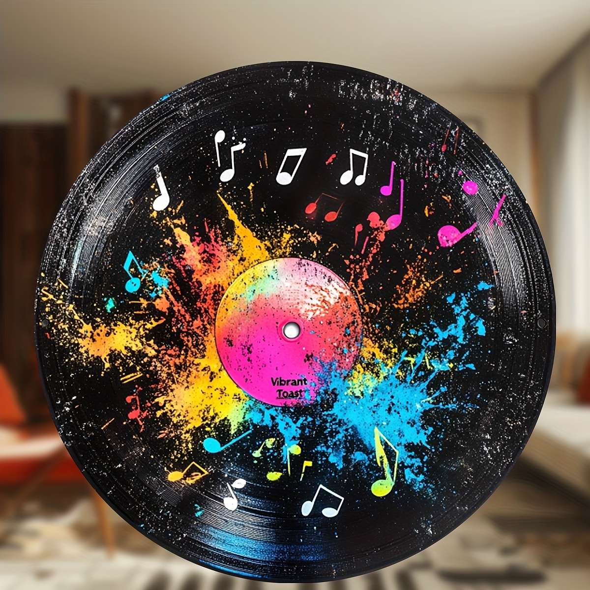 1 Retro Vinyl Record-Themed Wooden Wall Decor Colorful Splatter Musical Notes Round Plaque
