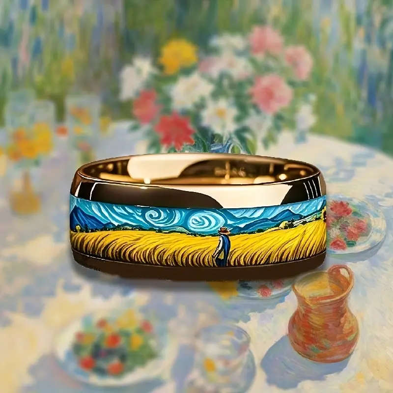 8mm Titanium Van Gogh Abstract Art Ring
