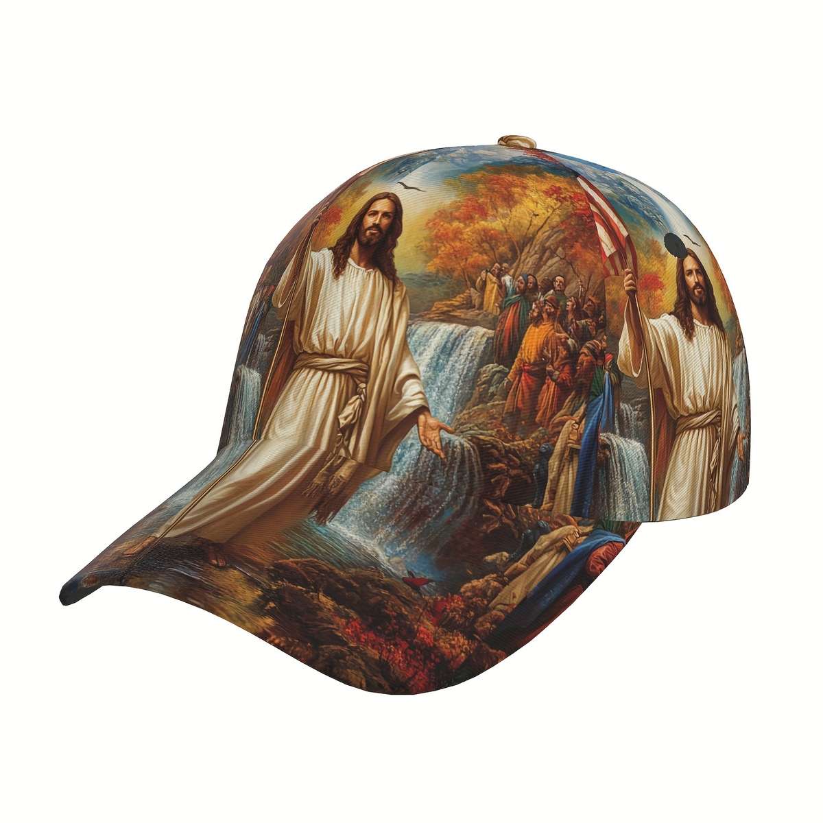 Adjustable Polyester Baseball Cap Jesus and American Flag Print Curved Brim Sports Running H