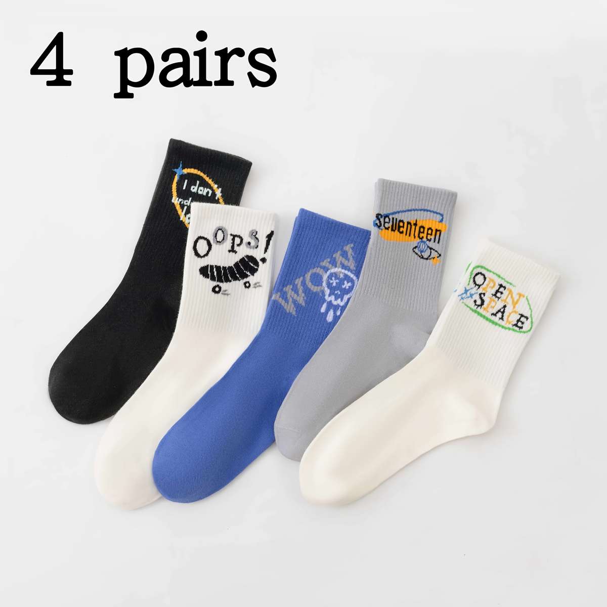 4 Pairs Of Black Letter Pattern Gray Socks One Size High Elastic Socks