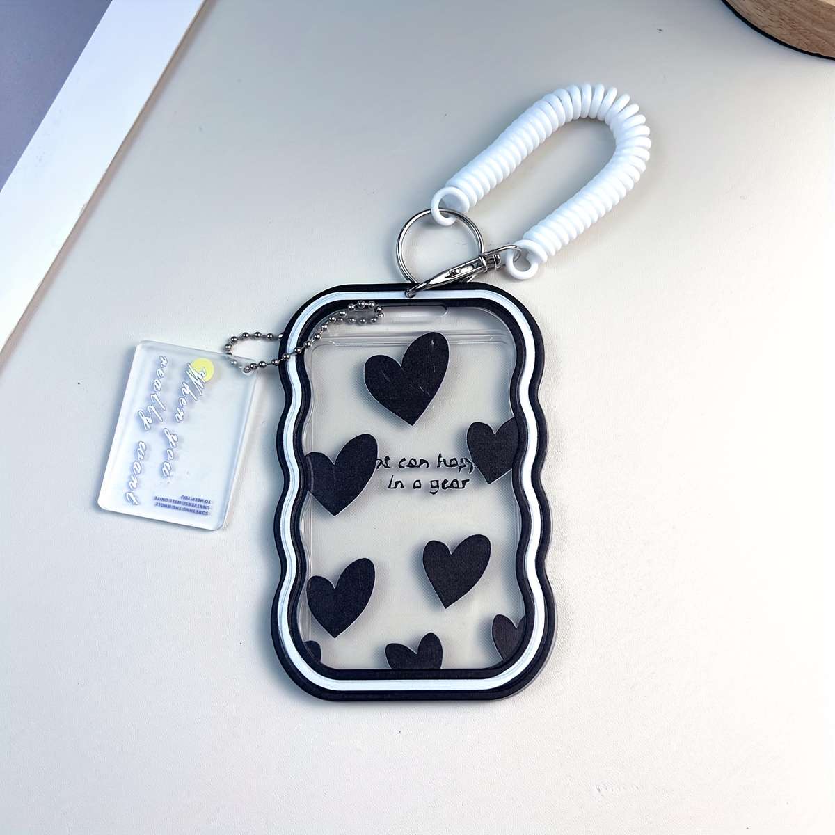 1pc TPU ID Card Holder with Love Text Pattern Portable Office Travel Card Case with Spring Lan