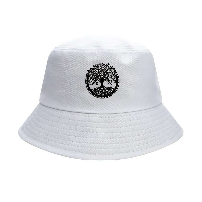 Elegant Black Bucket Hat With White Tree Embroidery Comfortable Breathable Stylish Knit Fi