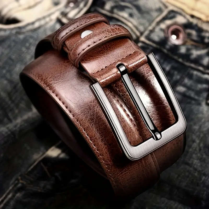Genuine Leather Cowhide Belt with Western Alloy Buckle, BROWN