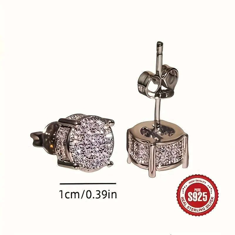 Pair of 925 Sterling Silver Round Synthetic Zirconia Rhinestone Stud Earrings