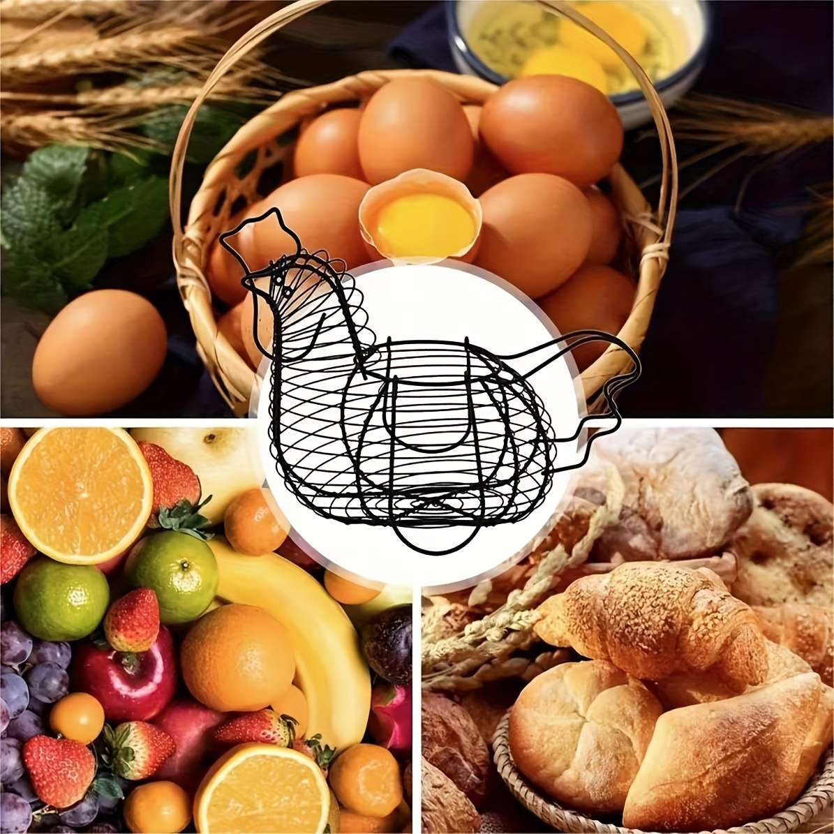 1pc Modern Cast Iron Chicken-Shaped Egg Basket Portable Anti-Shock Egg Storage Container for K