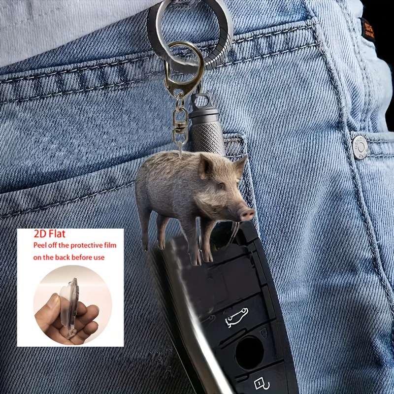 1pc 2D Flat   Cute Wild Boar Acrylic Keychain Waterproof  Design Realistic Fur Texture