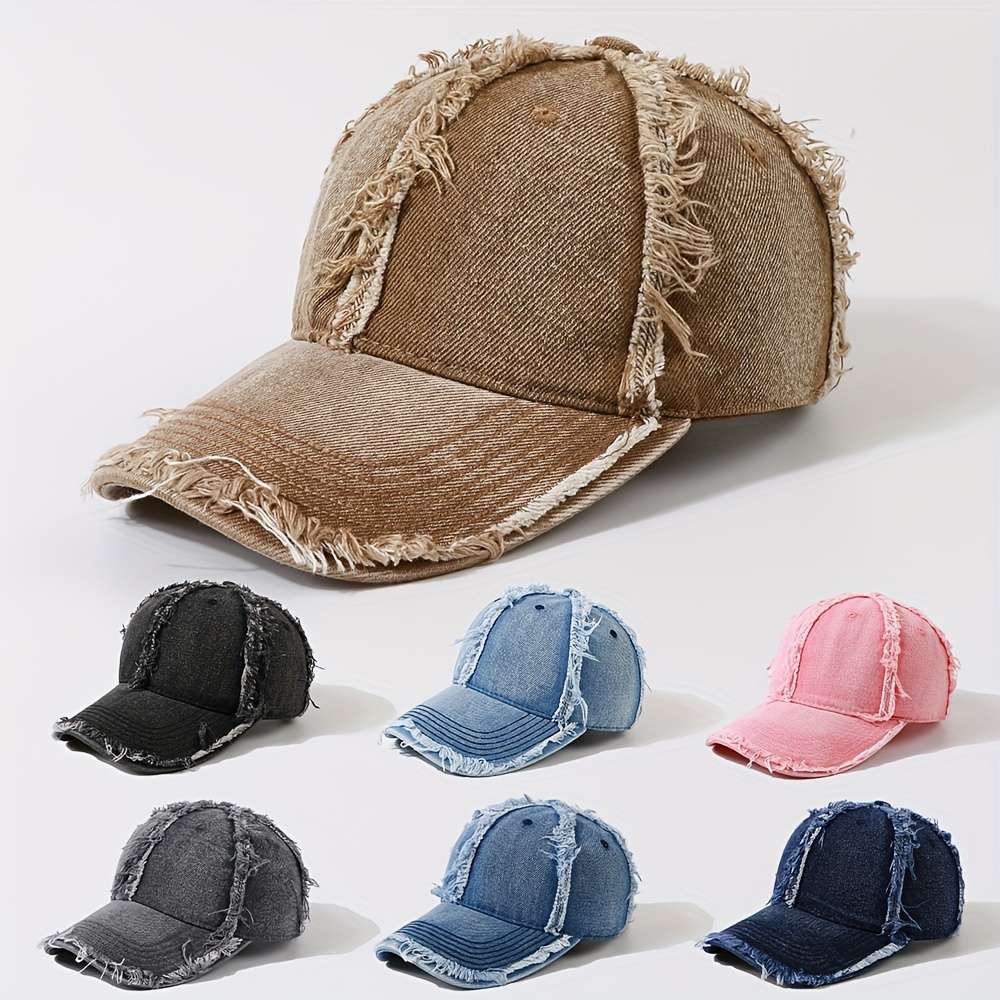 1 Trendy Two-Toned Baseball Cap with Distressed Frayed Brim Adjustable Dad Hat for Sun Protec