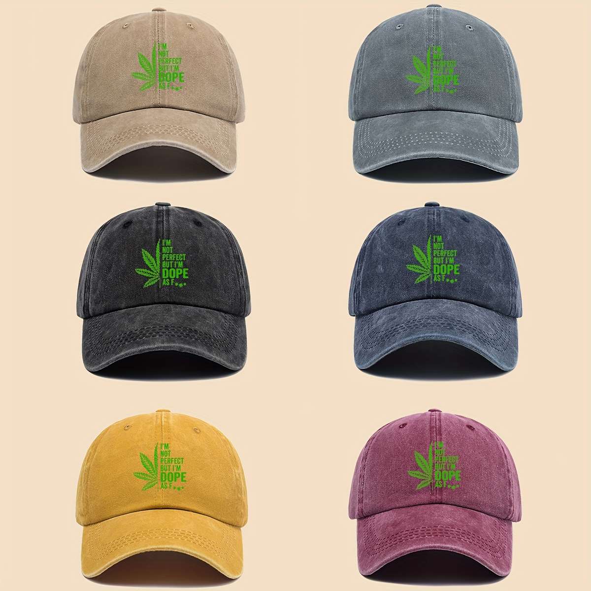 Stylish Black Baseball Cap with Green Leaf and I'M NOT PERFECT DOPPE Print Breathable