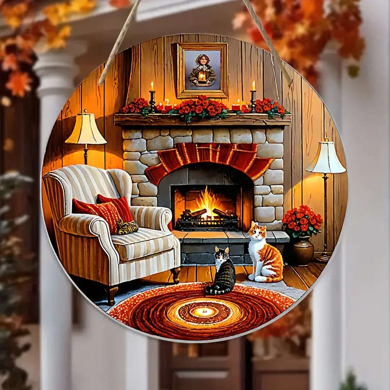 Cozy Fireplace Wooden Wall Art Rustic 2D Printed Hanging Decor With Cats And Garland Ideal