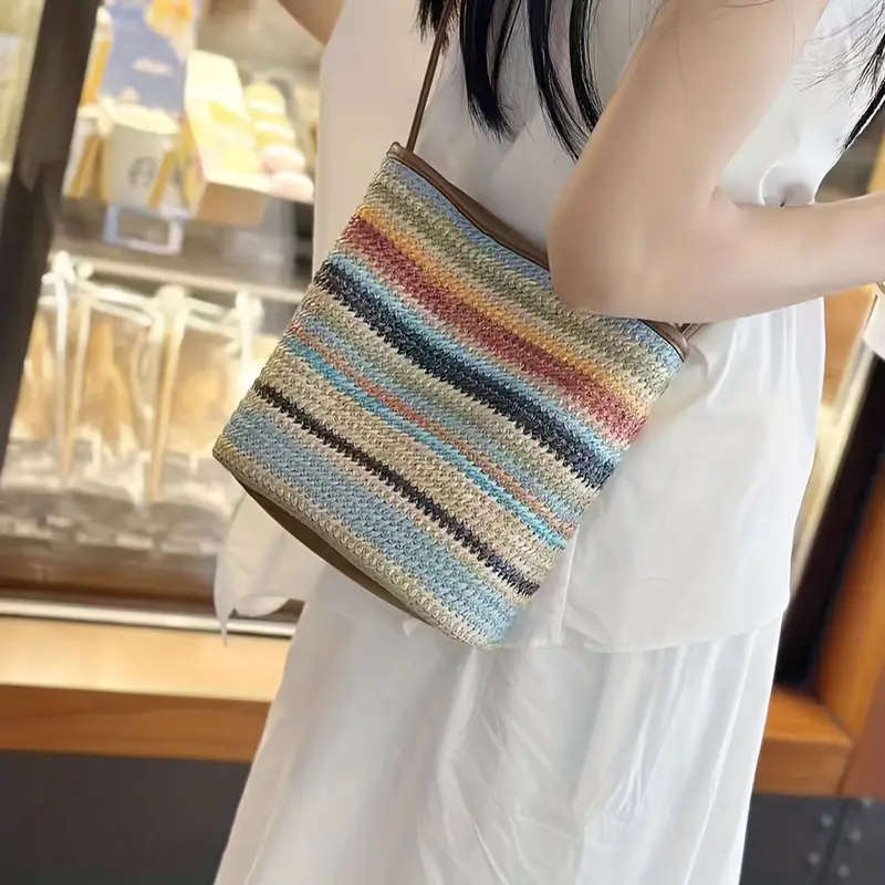 1 Piece Of Multicolor Rainbow Striped Woven Faux Leather Khaki
