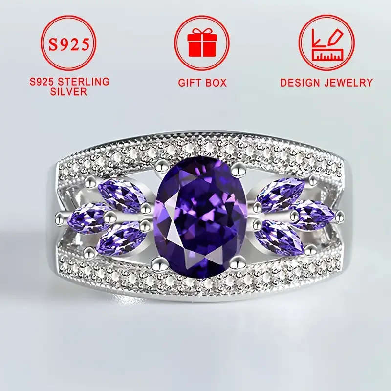 925 Pure Silver Ring, Set with Sparkling Purple Cubic Zirconia