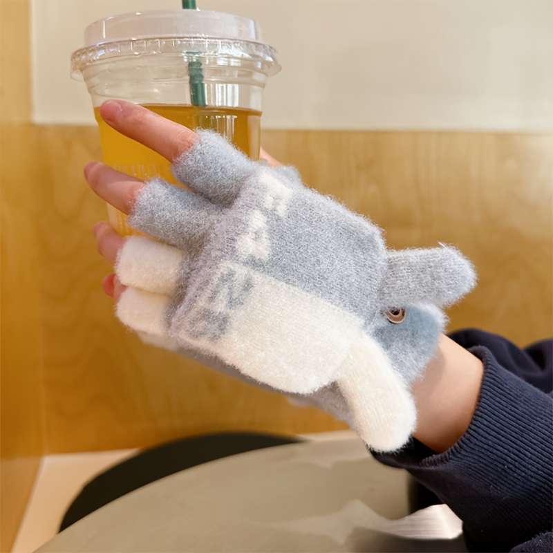 1 Pair Flip Letter Rabbit Ears Beige Warm Gloves