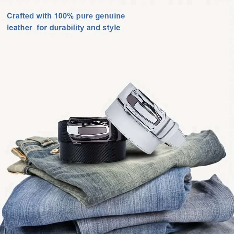 2 Men's Leather Automatic Buckle Belts Black+Blue 115CM