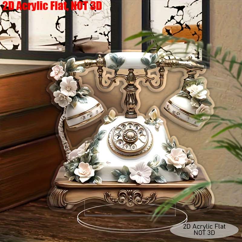 Bohemian Style 2D Flat Acrylic Wall Art Vintage Telephone With Flowers