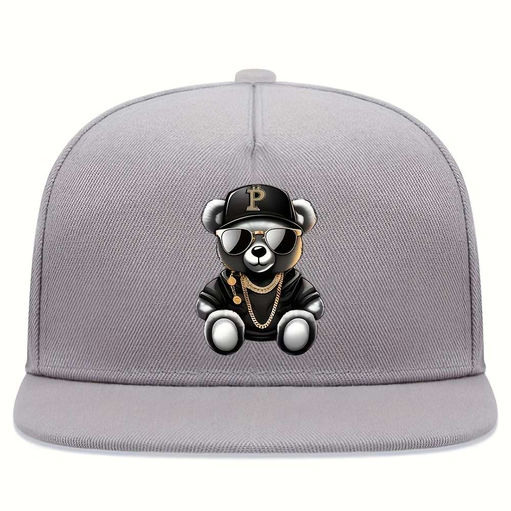 Hip Hop Bear Print Flat Brim Cap Unisex Adjustable Street Style Baseball Hat 100% Polyest