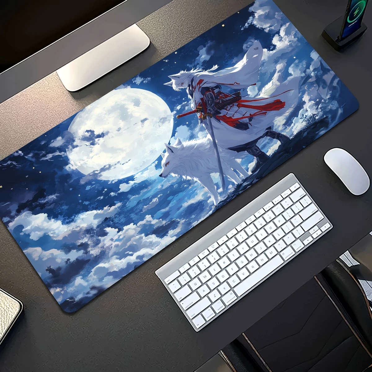 1pc 40x90cm Full Moon Night Fox Warrior Style Rubber Non-Slip Mouse Pad