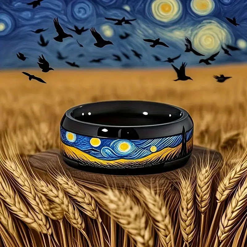Men's 8mm Stainless Steel Ring with Van Gogh "Starry Night" Design Gunmetal Finish