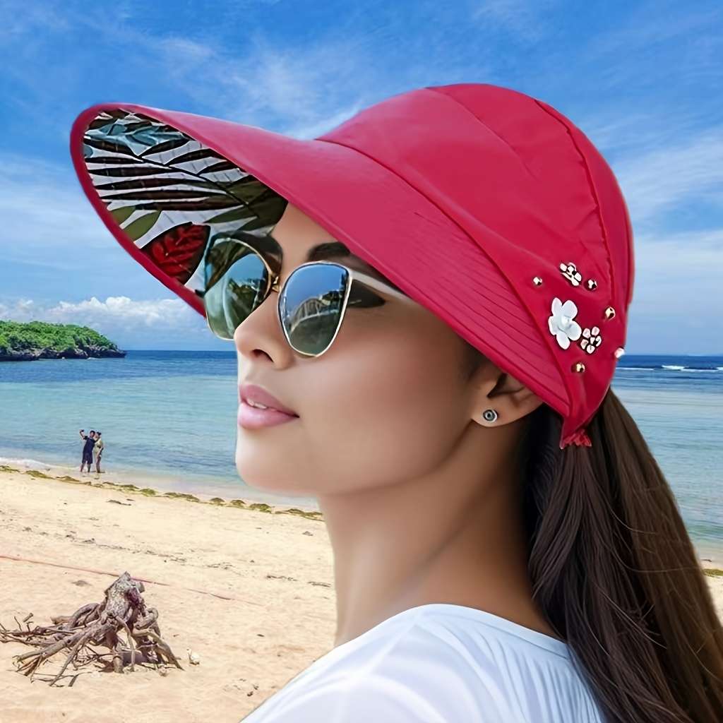 Trendy Beaded Flower Visor Hats Solid Color Foldable Uv Protection For Women Outdoor Summe