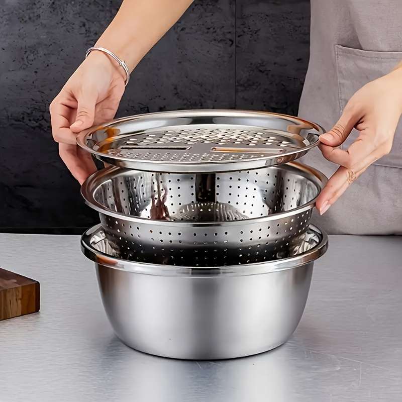 3pcs stainless steel kitchen set with integrated grinder multi-function strainer and mixing bo