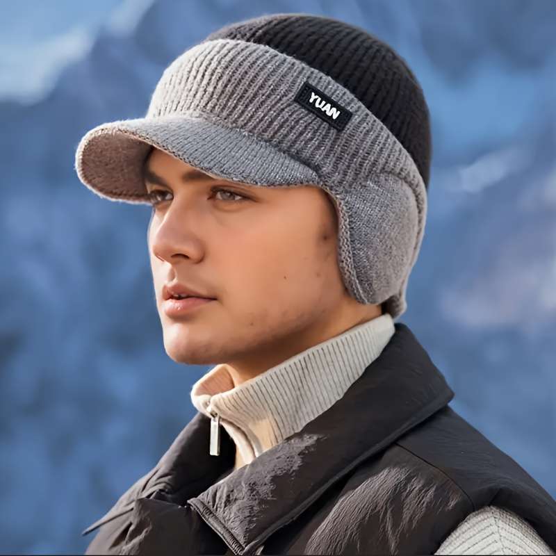 1pc Men'S Winter Ear-Protecting Knitted Cap with Fleece Warm Duckbill Hat for Outdoor Youth Cyclin