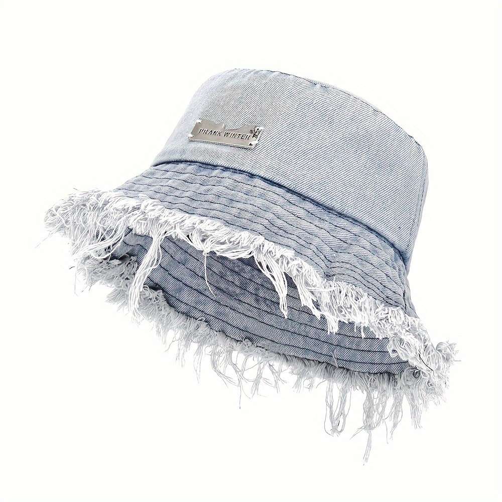 Sun Protection Polyester Bucket Hat With Frayed Edge Design Hand Washable Woven Denim Style Ca