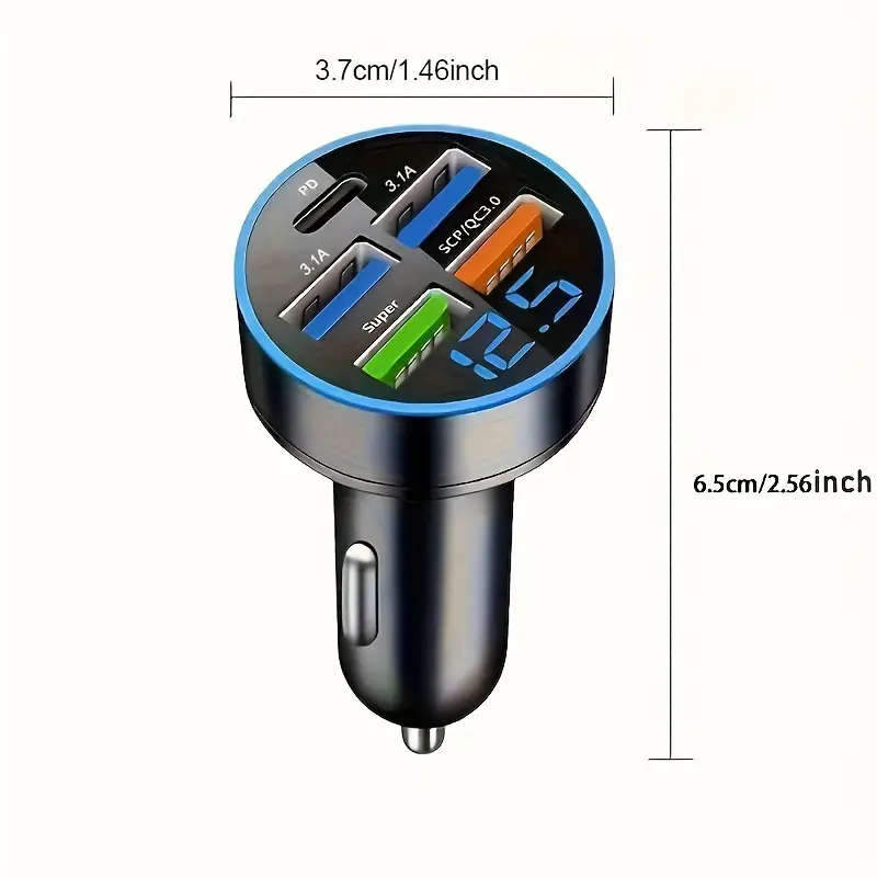 5-Port Car Charger with LED Display - Fast Charging for Multiple Devices, Universal 12-24V Adapter