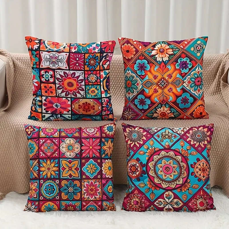 4 Piece Bohemian Peach Light Beige Pillow Covers 45.72 x 45.72 cm