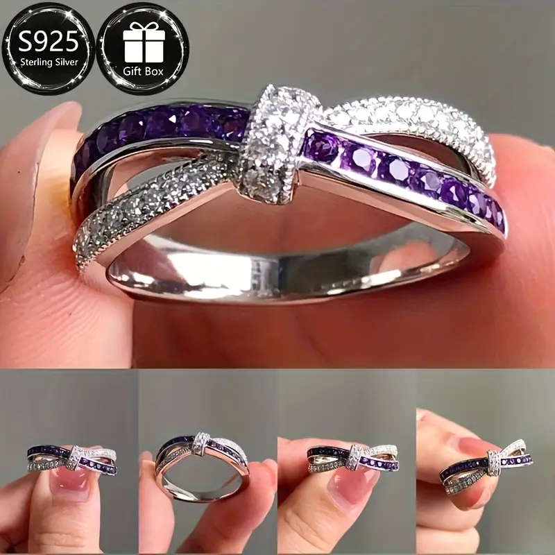 925 Sterling Silver Ring with Sparkling Purple Cubic Zirconia, Boho-Chic Style