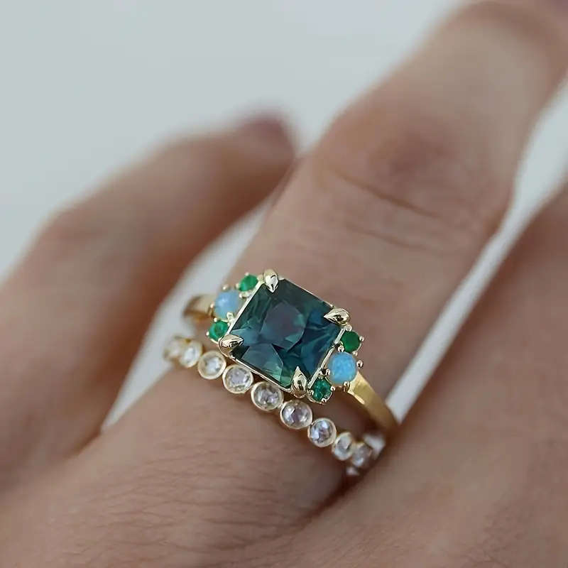 2 Piece Synthetic Zirconia Ring with Opal Band