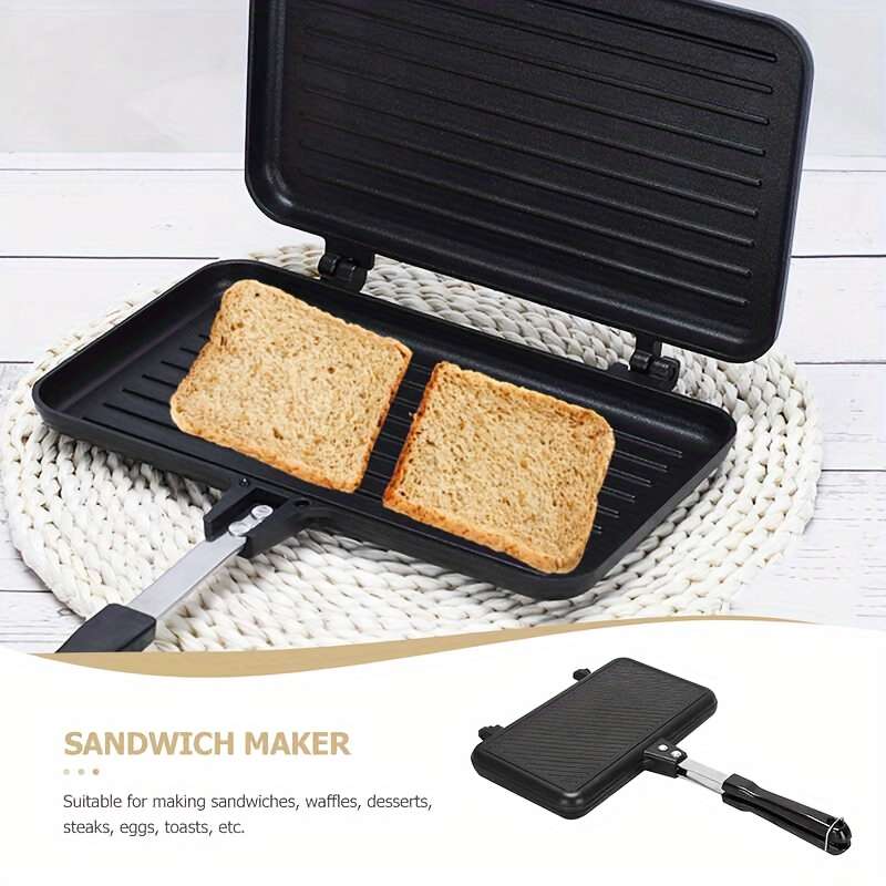 1pc Double-Sided Non-Stick Aluminum Sandwich Maker Detachable Handle Breakfast Pan Rectangula
