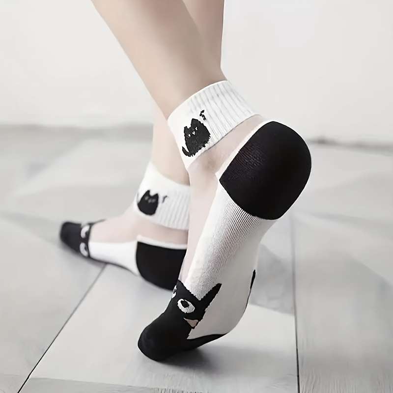 5 Pairs Black And White Cat A One Size High Elastic Socks