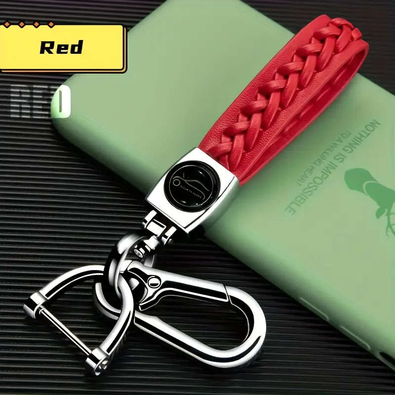 1 x Men's Braided PU Leather Strap Car Keychain Silvery