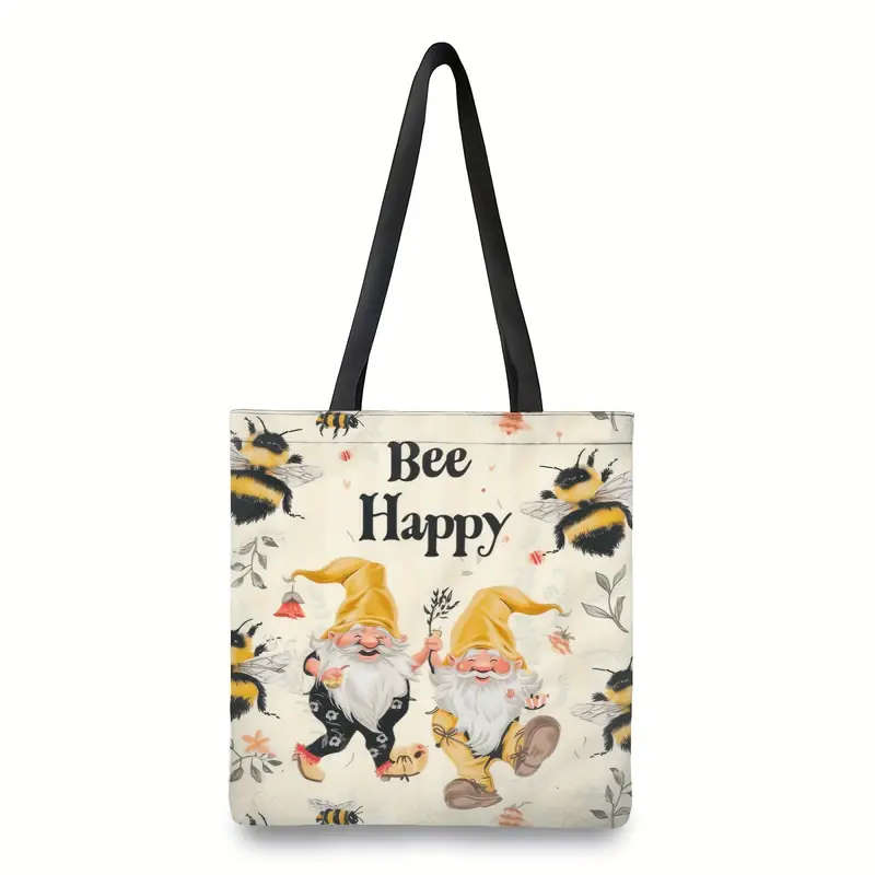 Bee Happy Canvas Tote Bag With Cute Gnome Design Large Capacity