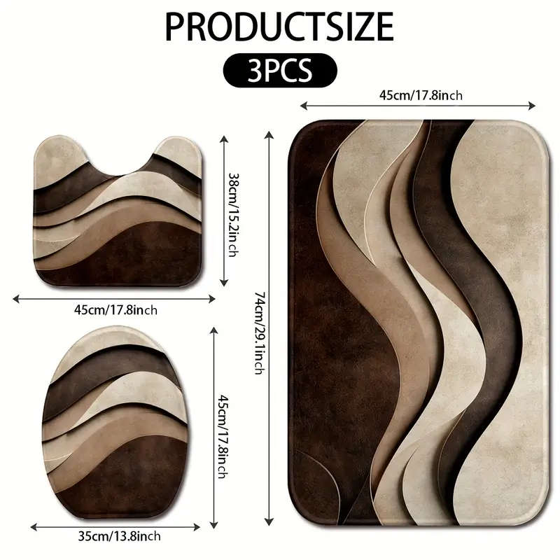 3 Piece Modern Abstract Wave Texture Bathroom Mat Set