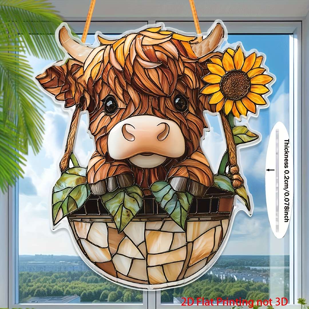 2D Flat Highland Cow Acrylic Wall Pediment Print Farmhouse Window Catchlight 7.1x8 Ind
