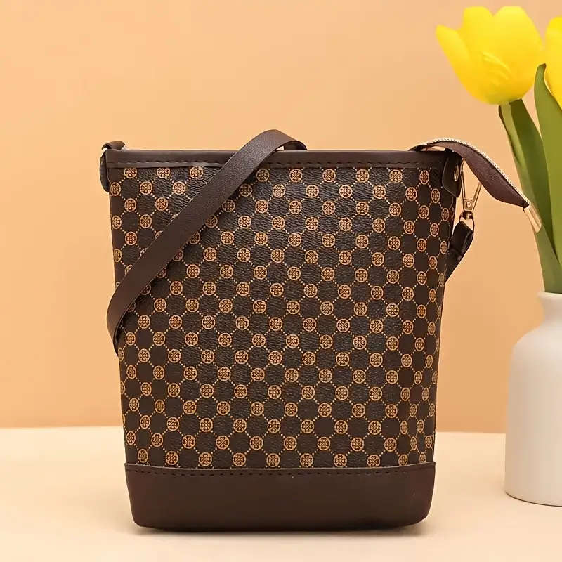 Geometric Pattern Crossbody Bag with Adjustable Strap, Zipper Closure