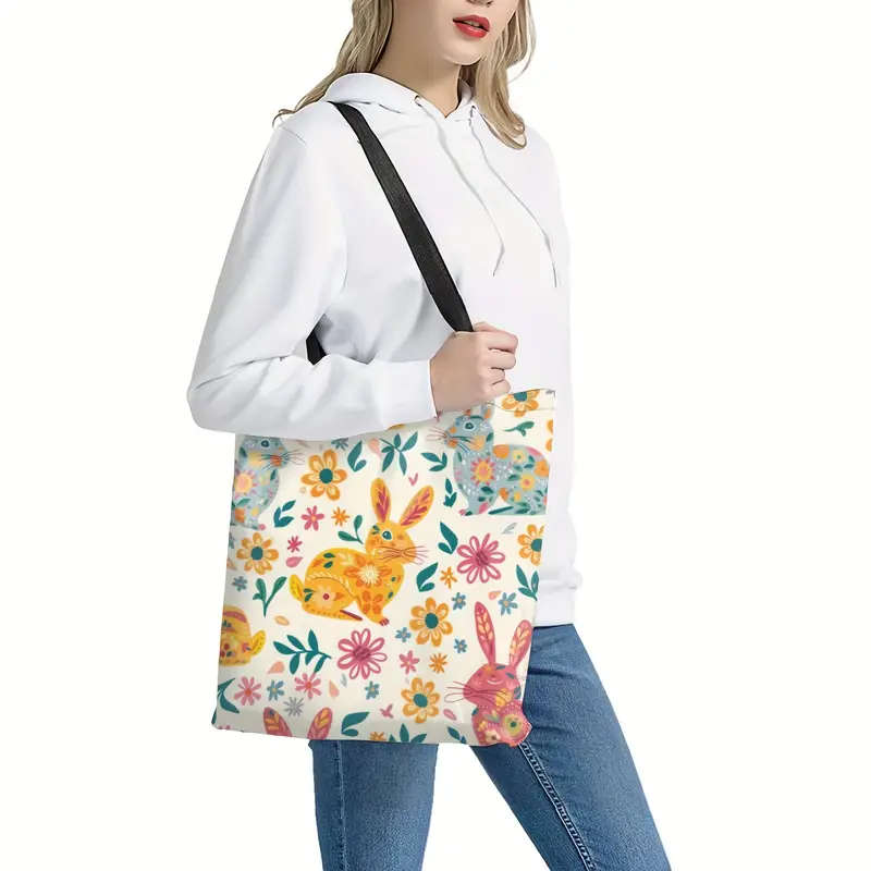 1pc Easter Bunny Decoration Vibrant Florals Canvas Tote Bag Large Women Casual Shoulder Bag Handbag
