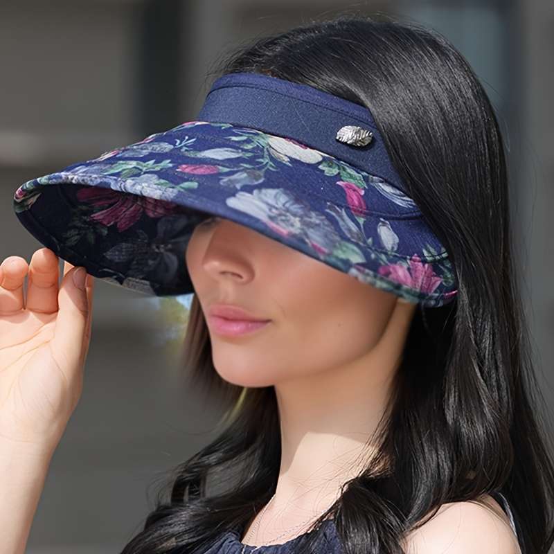 1pc Women's Floral Sun Visor Hat Wide Brim Polyester Cap with Open Top Design Adjustable Brea