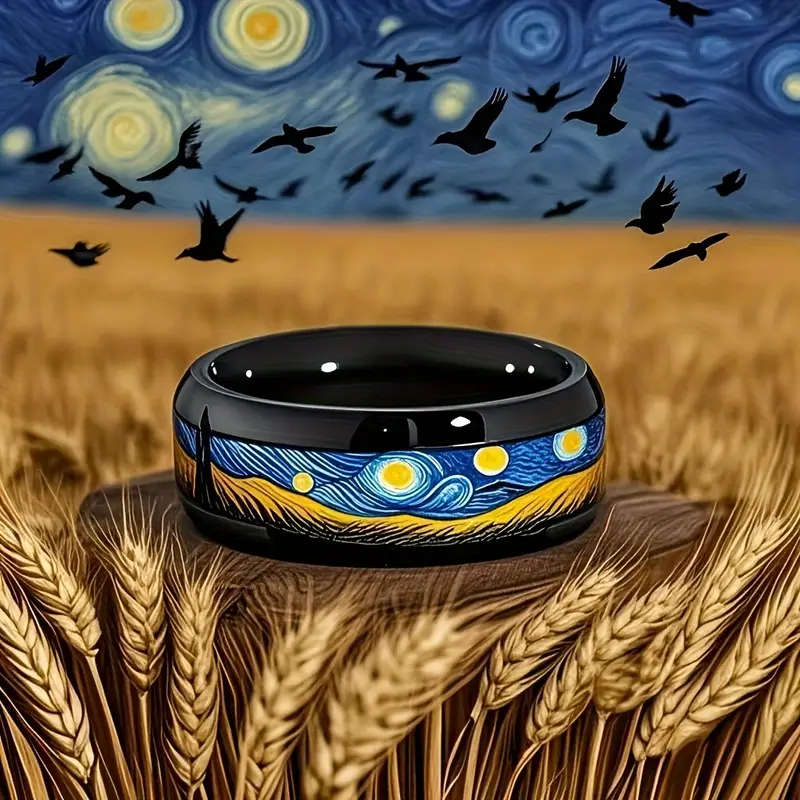Men's 8mm Stainless Steel Ring with Van Gogh "Starry Night" Design Gunmetal Finish
