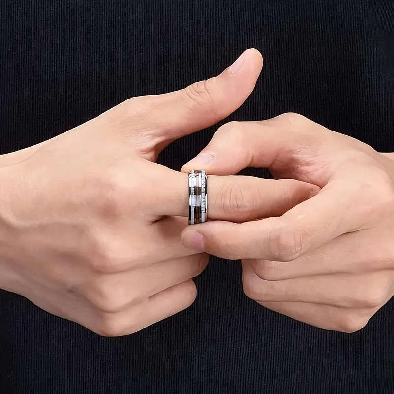 Elegant Men's Stainless Steel Ring with Marble & Wood Inlay