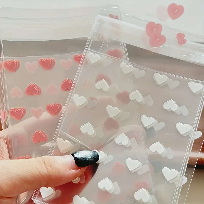100-Pack Self-Adhesive Plastic Bags With Heart Pattern