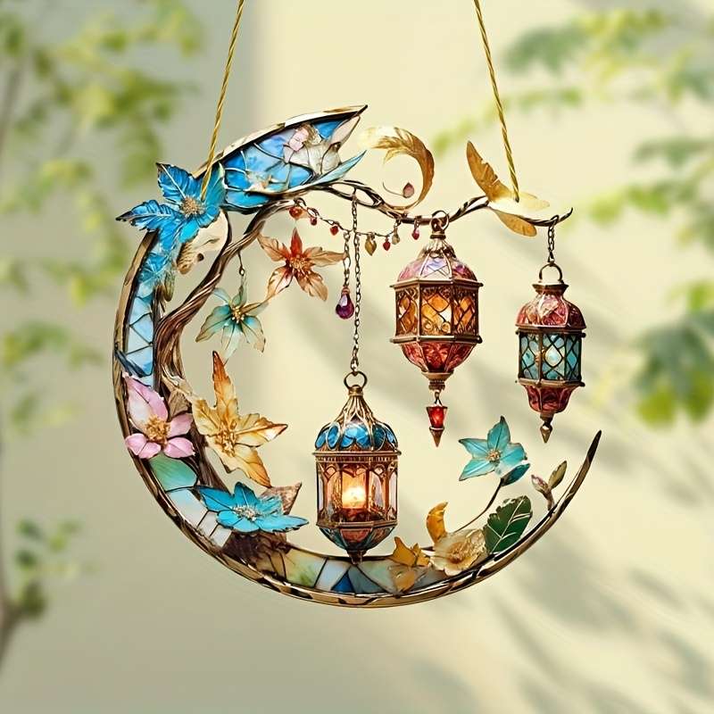 2D Flat Art Deco Acrylic Whimsical Moon Sun Catcher Hanging Decoration Vibrant Floral